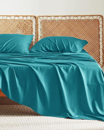 Bedsure Queen Sheets, Rayon Derived from Bamboo, Queen Cooling Sheet Set, Deep Pocket Up to 16", Breathable & Soft Bed Sheets, Hotel Luxury Silky Bedding Sheets & Pillowcases, Turquoise - LeafyLoom