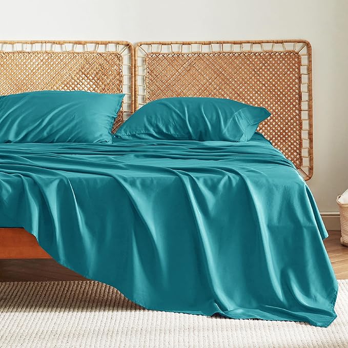 Bedsure Queen Sheets, Rayon Derived from Bamboo, Queen Cooling Sheet Set, Deep Pocket Up to 16", Breathable & Soft Bed Sheets, Hotel Luxury Silky Bedding Sheets & Pillowcases, Turquoise - LeafyLoom