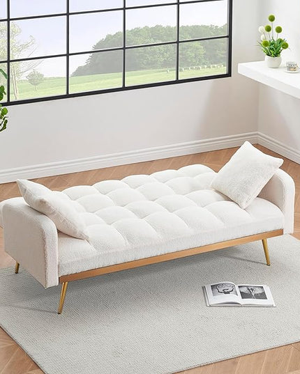 Fabric Teddy Fleece Folding Futon Sofa Bed w/Adjustable Backrests, 2 Seater Tufted Convertible Lounge Couch Recliner Loveseat with Metal Golden Legs for Living Room, Office,Bedroom, Beige 69" - LeafyLoom