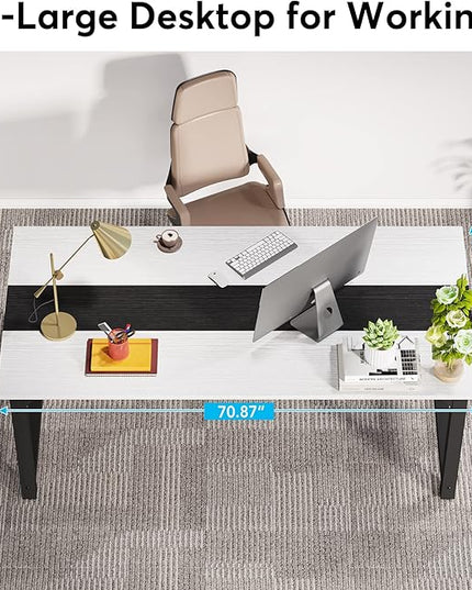 70.8 Inch X-Large Executive Computer Office Desk, White+Black - LeafyLoom