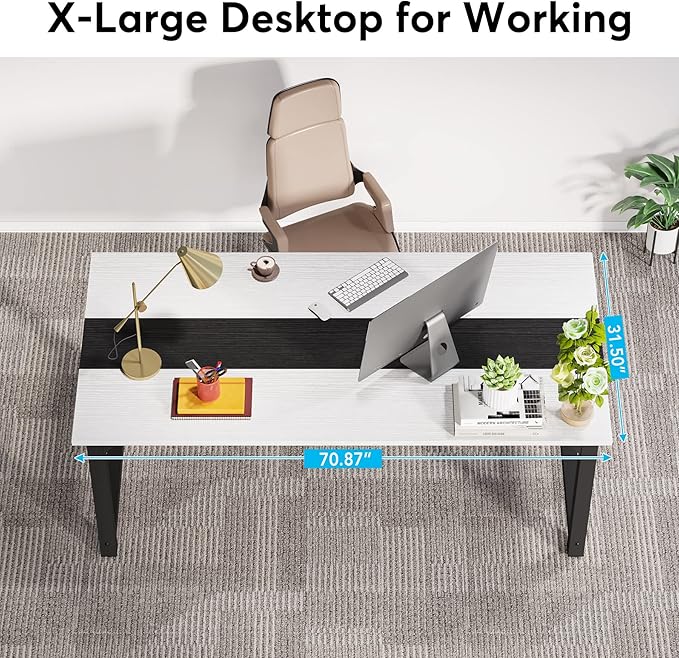 70.8 Inch X-Large Executive Computer Office Desk, White+Black - LeafyLoom