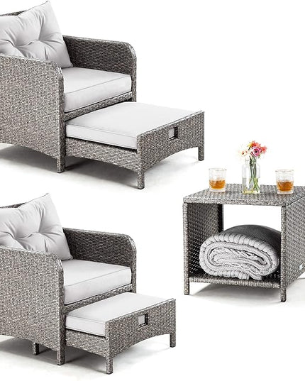Pamapic 5 Pieces Outdoor Patio Wicker Chairs Set with Ottoman .Outside Conversation Furniture set with Cushions and Coffee for Balcony Porch Lawn Garden Table(Grey Cushion+Light Grey Rattan) - LeafyLoom