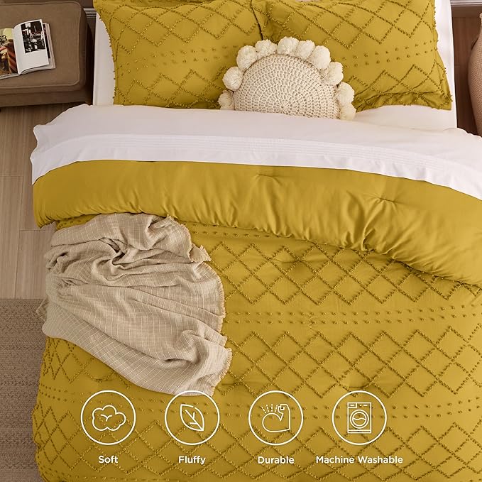 Bedsure Full Size Comforter Set - Mustard Yellow Comforter, Boho Tufted Shabby Chic Bedding Comforter Set, 3 Pieces Farmhouse Bed Set for All Seasons, Fluffy Soft Bedding Set with 2 Pillow Shams - LeafyLoom