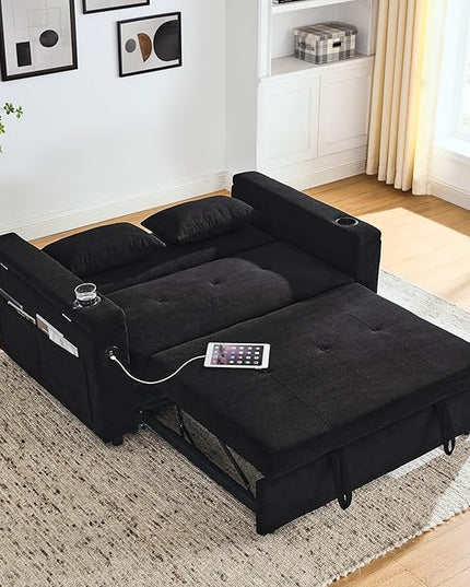 4 in 1 Multifunctional Convertible Loveseat Sleeper Sofa Bed,Soft Chenille Tufted Love Seats Sofabed W/Pull Out Sleep Couch,Armrests Storage,Cupholders,USB Ports,Pillows and Side Pockets - LeafyLoom
