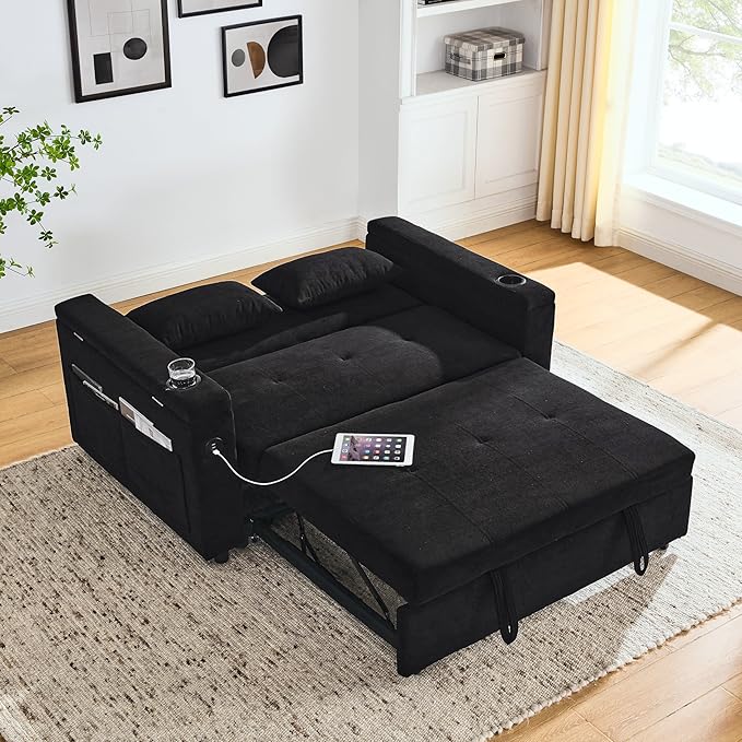 4 in 1 Multifunctional Convertible Loveseat Sleeper Sofa Bed,Soft Chenille Tufted Love Seats Sofabed W/Pull Out Sleep Couch,Armrests Storage,Cupholders,USB Ports,Pillows and Side Pockets - LeafyLoom