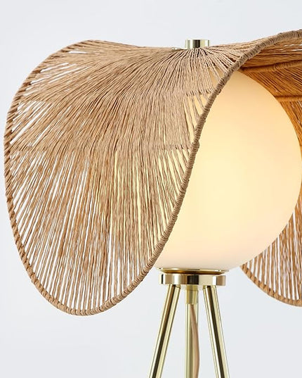 Sovev 62.87 in. Brass Bohemian Floor Lamp for Living Room with Opal Glass Rattan Shade - LeafyLoom