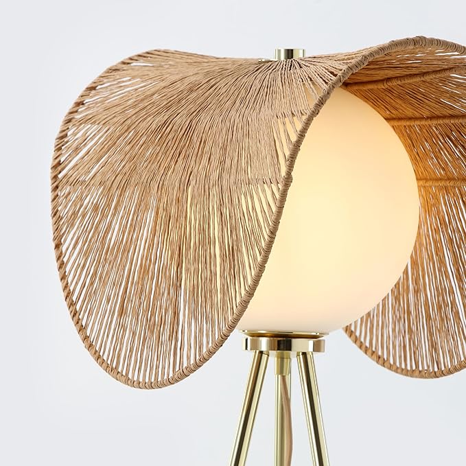 Sovev 62.87 in. Brass Bohemian Floor Lamp for Living Room with Opal Glass Rattan Shade - LeafyLoom