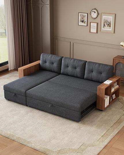 Convertible Sectional Couch with Pull Out Bed Chaise,L Shaped Sleeper Sofa W/Storage Cabinet Armrests & Removable Back Cushions,Living Room Furniture for Home,Office,Dark Grey,84" - LeafyLoom