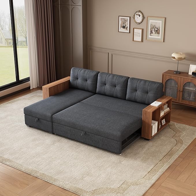 Convertible Sectional Couch with Pull Out Bed Chaise,L Shaped Sleeper Sofa W/Storage Cabinet Armrests & Removable Back Cushions,Living Room Furniture for Home,Office,Dark Grey,84" - LeafyLoom