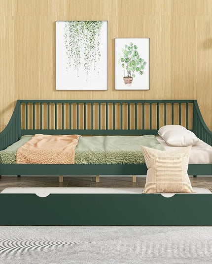 Full Size Daybed with Hideaway Trundle and Support Legs,Multi-functional Wood Bed Frame,W/Rails Three Sides,Easy to Assemble,for Bedroom,Living Room,Apartment,Green - LeafyLoom