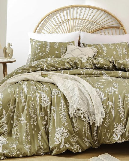 JANZAA Queen Olive Green ,3 PCS Bedding Floral Plant Flowers Printed on Green Comforter Set - LeafyLoom