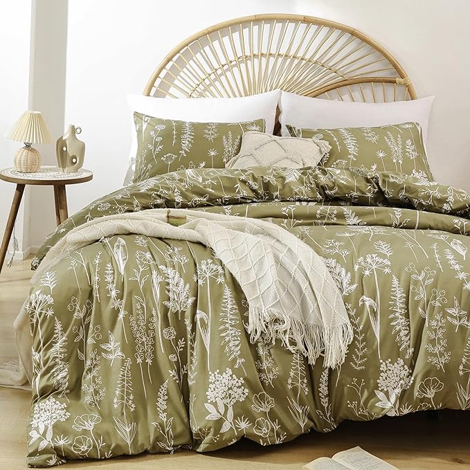 JANZAA Queen Olive Green ,3 PCS Bedding Floral Plant Flowers Printed on Green Comforter Set - LeafyLoom