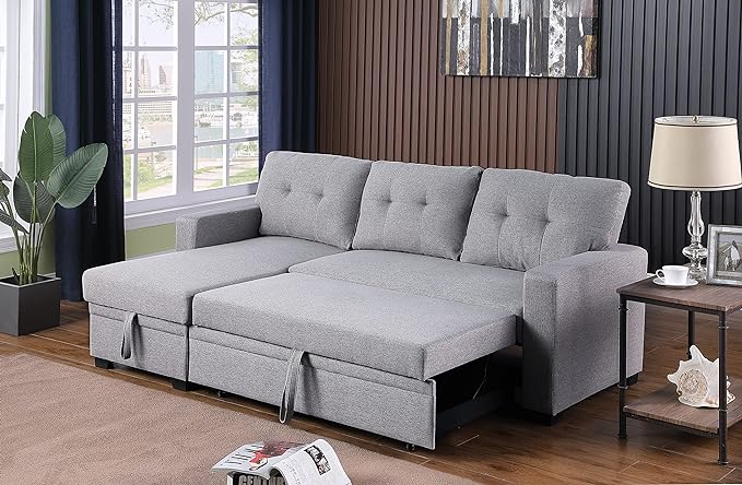 L Shaped Pull Out Sectional Sofa with Storage Chaise, 82 Inch Linen Upholstered Reversible Couch Sleeper Bed, for Living Room, Apartment and Office, Light Gray, 82 - LeafyLoom