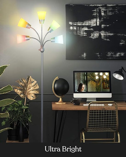 Brightech Medusa Modern LED Floor Lamp – Multi Head Floor Lamp for Living Rooms & Offices – Tall Lamp with Interchangeable Shade, Standing Lamp with 5 LED Bulbs for Hobbies - Silver - LeafyLoom
