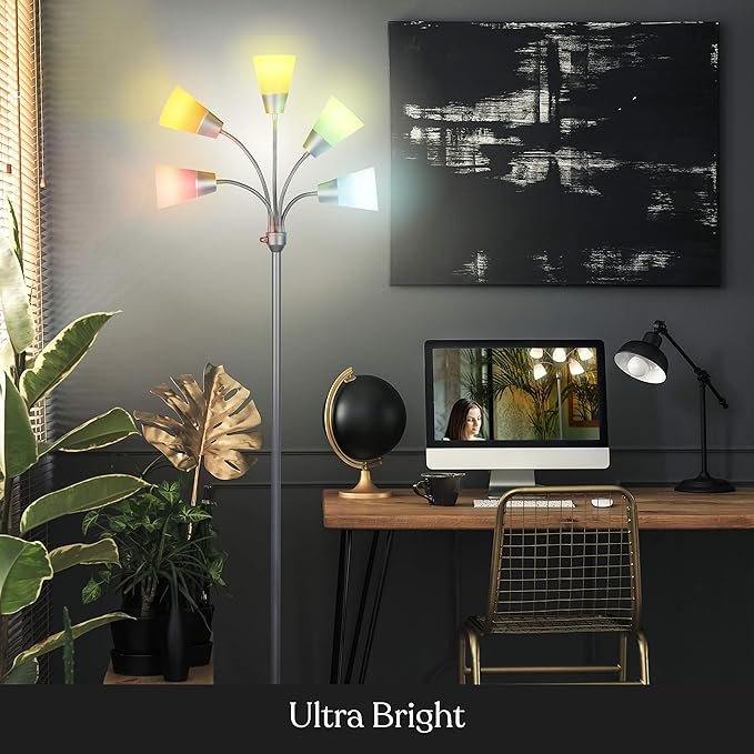 Brightech Medusa Modern LED Floor Lamp – Multi Head Floor Lamp for Living Rooms & Offices – Tall Lamp with Interchangeable Shade, Standing Lamp with 5 LED Bulbs for Hobbies - Silver - LeafyLoom