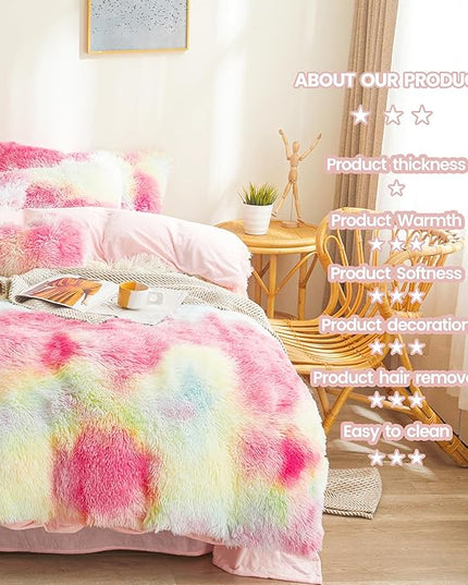 FOPPA Rainbow Plush Comforter Cover Set, 3 Pieces (Queen, Tie-Dye), Ultra Soft Faux Fur Bedding - LeafyLoom