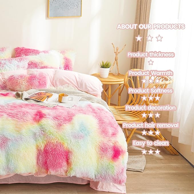 FOPPA Rainbow Plush Comforter Cover Set, 3 Pieces (Queen, Tie-Dye), Ultra Soft Faux Fur Bedding - LeafyLoom