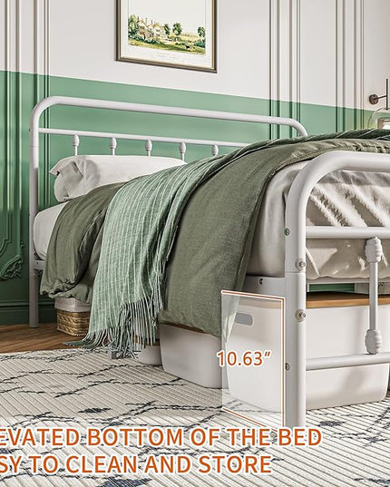 Vintage Queen Size Bed Frame with Headboard and Footboard Mattress Heavy Duty Metal Platform Bed Frame Steel Slat Support (Queen, White) - LeafyLoom