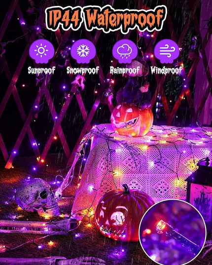 Minetom 2 Pack Solar Halloween Lights Outdoor, Total 80FT 200 LED Halloween String Lights with 8 Mode,Halloween Decoration Outdoor, Waterproof Solar String Lights for Outside Tree Yard,Orange & Purple Minetom