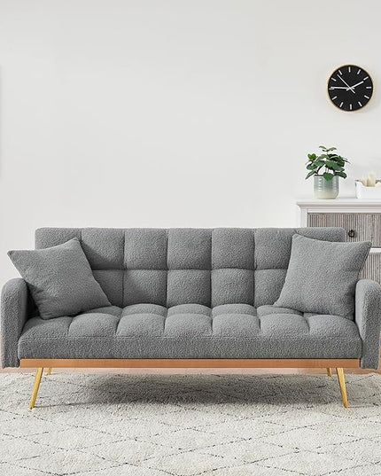 Fabric Teddy Fleece Folding Futon Sofa Bed w/Adjustable Backrests, 2 Seater Tufted Convertible Lounge Couch Recliner Loveseat with Metal Golden Legs for Living Room, Office,Bedroom, Gray 69" - LeafyLoom