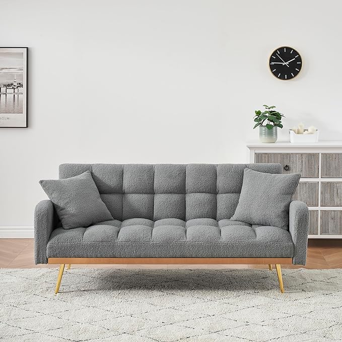 Fabric Teddy Fleece Folding Futon Sofa Bed w/Adjustable Backrests, 2 Seater Tufted Convertible Lounge Couch Recliner Loveseat with Metal Golden Legs for Living Room, Office,Bedroom, Gray 69" - LeafyLoom