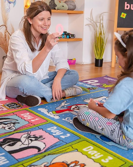 KC Cubs | Looney Tunes ABC Alphabet, Seasons, Months and Days of The Week Educational Learning & Game Play Area Non Slip Boy & Girl Kids Rug Carpet for Children Bedroom, Toddler Classroom & Baby Mat - LeafyLoom