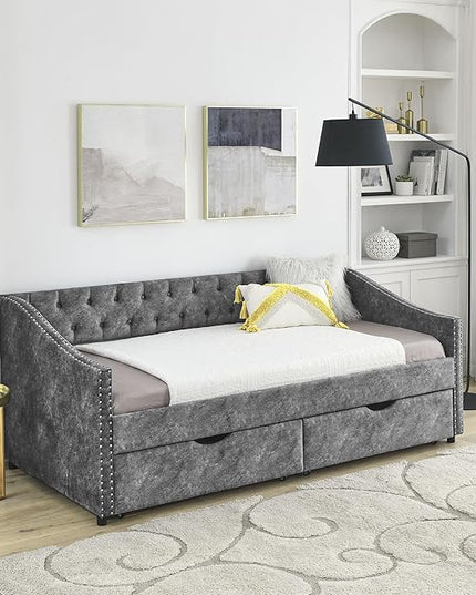 Twin Size Upholstered Daybed with Two Storage Trundle Drawers, Wooden Sofa Bed w/Button Tufted Backrest and Waved Shape Arms, No Box Spring Needed, for Living Room, Bedroom, Dorm, Grey - LeafyLoom