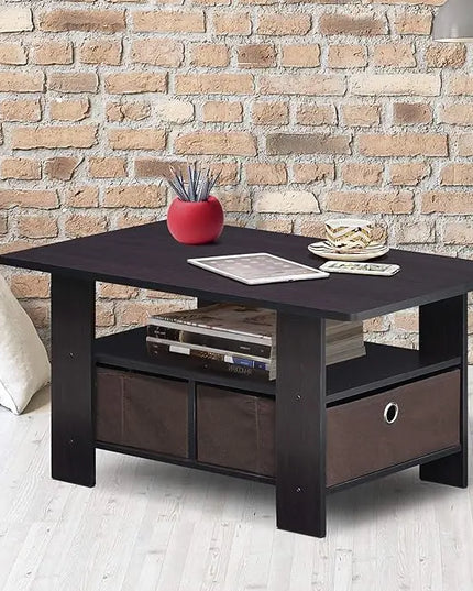 Furinno Andrey Coffee Table with Bin Drawer, Dark Walnut - LeafyLoom
