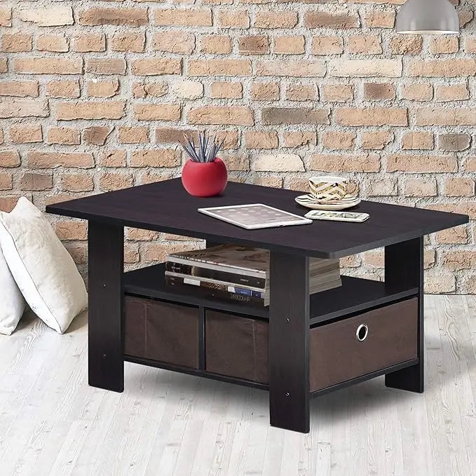 Furinno Andrey Coffee Table with Bin Drawer, Dark Walnut - LeafyLoom