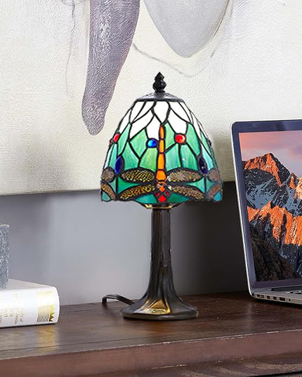 Stained Glass Dragonfly Design Table or Desk Light, Tiffany Style mini table Lamp-, LED Bulb Included-Vintage Look Colorful Accent Decor - LeafyLoom