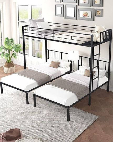 Metal Triple Twin Bunk Bed,Can Be Separated into 3 Twin Beds,Sturdy-Metal,Noise Reduced,Bunk-Bed for Three,Safety Guardrail,CPC Certified,No Box Spring Needed,Black - LeafyLoom