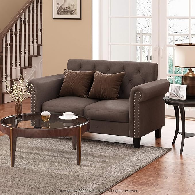 Furinno Bastia Vintage Modern Chesterfield Button Tufted Loveseat/Sofa Couch for Living Room, Brown Faux Leather - LeafyLoom