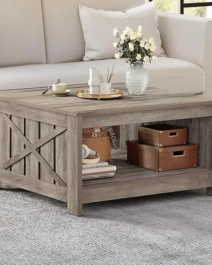 YITAHOME Coffee Table Farmhouse Coffee Table with Storage Rustic Wood Cocktail Table,Square Coffee Table for Living Meeting Room with Half Open Storage Compartment, Rustic Grey - LeafyLoom