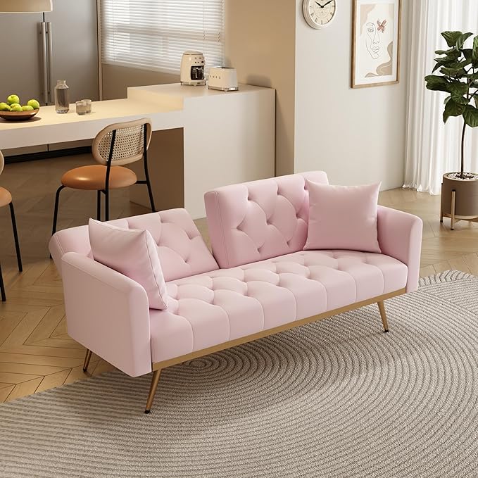 NicBex Sectional Couch Sofa with Throw Pillows Velvet Sofa Bed Cloud Couch for Living Room Furniture Sets with Metal Legs, Modular Sofa for Living Room, Bedroom, Apartment,68.3" L, Pink - LeafyLoom