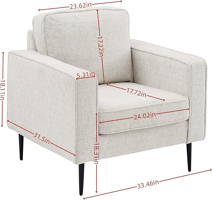 Upholstered Accent Chair, Single Seat Sofa with Metal Legs, Modern Armchairs for Living Room,Bedroom and Office,White, 1 Seater - LeafyLoom