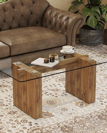 NicBex 43.3Inch Rectangular Dining Table,Modern Kitchen Table with Tempered Glass Tabletop and Wood MDF Legs for 4 to 6,Dining Room Table for Kitchen,Meeting Room and Living Room,Easy Clean,Wood - LeafyLoom