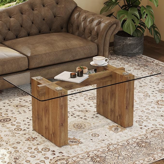 NicBex 43.3Inch Rectangular Dining Table,Modern Kitchen Table with Tempered Glass Tabletop and Wood MDF Legs for 4 to 6,Dining Room Table for Kitchen,Meeting Room and Living Room,Easy Clean,Wood - LeafyLoom