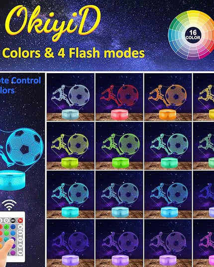 Soccer Night Light, Soccer Lamp, 3D Illusion Lamp, Soccer Gifts for Boys with 16 Colors Remote Control, Soccer Decor for Kids Room, Girls Birthday Gifts - LeafyLoom