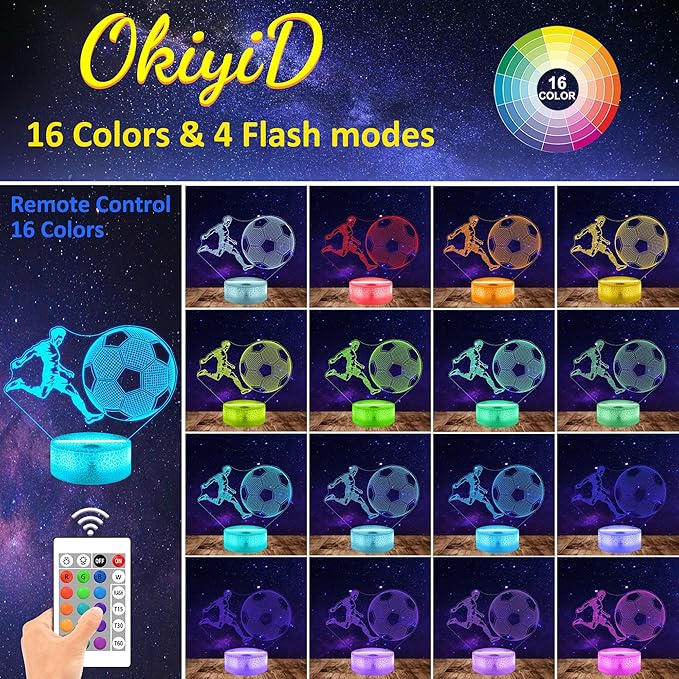 Soccer Night Light, Soccer Lamp, 3D Illusion Lamp, Soccer Gifts for Boys with 16 Colors Remote Control, Soccer Decor for Kids Room, Girls Birthday Gifts - LeafyLoom