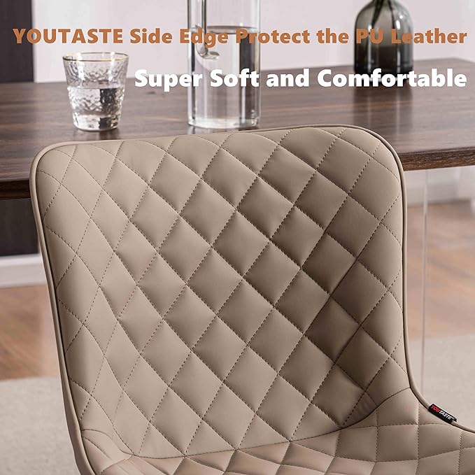 YOUTASTE Khaki Dining Chairs Set of 2 Mid Century Modern PU Leather Diamond Upholstered Accent Guest Dinner Chair with Back Metal Legs for Kitchen Living Reception Waiting Room - LeafyLoom