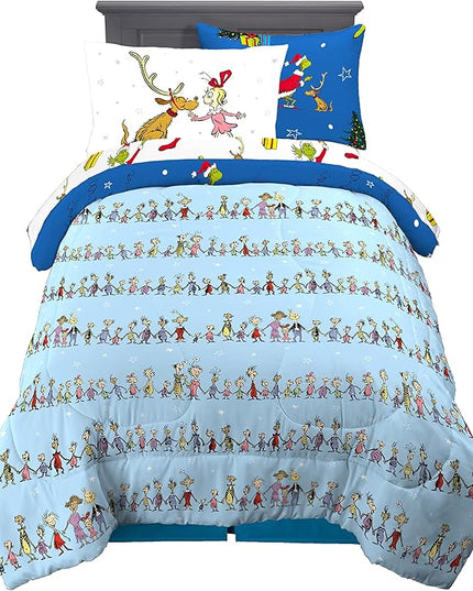 Franco Grinch by Dr. Seuss Holiday & Christmas Bedding Soft Comforter and Sheet Set with Sham, 5 Piece Twin Size, (Official Dr. Seuss Product) - LeafyLoom