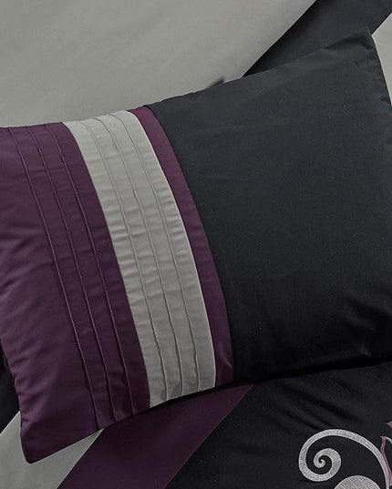 Chezmoi Collection Napa 7-Piece Luxury Leaves Scroll Embroidery Bedding Comforter Set (Queen, Purple/Black/Gray) - LeafyLoom