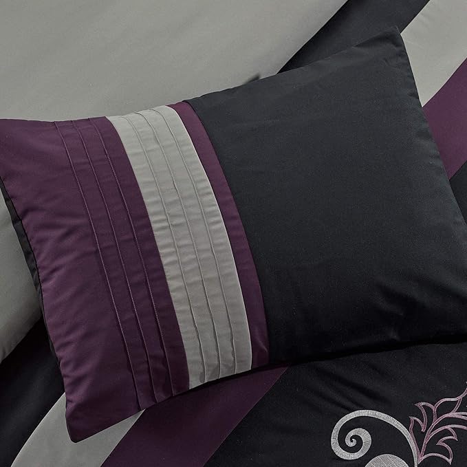 Chezmoi Collection Napa 7-Piece Luxury Leaves Scroll Embroidery Bedding Comforter Set (Queen, Purple/Black/Gray) - LeafyLoom