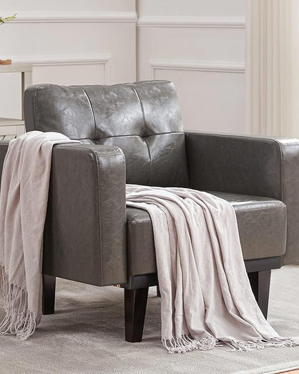 Mid-Century Modern Leather Accent Chair, Fabric Armchair for Living Room, Oversized Upholstered Single Sofa Chair for Bedroom Office Study, Comfy Accent Chairs with Wood Legs, Grey, 1 Pack - LeafyLoom
