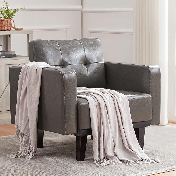 Mid-Century Modern Leather Accent Chair, Fabric Armchair for Living Room, Oversized Upholstered Single Sofa Chair for Bedroom Office Study, Comfy Accent Chairs with Wood Legs, Grey, 1 Pack - LeafyLoom
