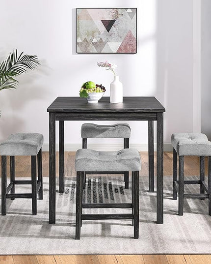 RITSU 5 Piece Square, Bar Chairs Set, Bistro Industrial Breakfast Table + 4 Upholstered Stools, for Living, Small Apartment, Dining, Game Room, Black+Gray - LeafyLoom