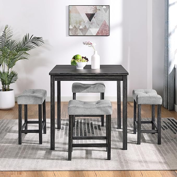 RITSU 5 Piece Square, Bar Chairs Set, Bistro Industrial Breakfast Table + 4 Upholstered Stools, for Living, Small Apartment, Dining, Game Room, Black+Gray - LeafyLoom