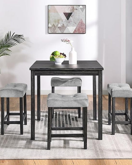 5 Piece Square, Bar Chairs Set, Bistro Industrial Breakfast Table + 4 Upholstered Stools, for Living, Small Apartment, Dining, Game Room, Black+Gray - LeafyLoom