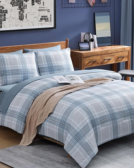 Blue Comforters Queen Size, Plaid Queen Bedding Sets for Boys & Girls,Classic Homestead-Style Bed in A Bag Queen with Sheets and Comforter Set (Light Blue,Queen,90"*90") - LeafyLoom