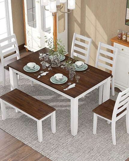 Retro Rustic Style, Including 4 Upholstered Chairs, 1 Bench, Room, Home Bar, and Kitchen,Walnut + Cottage White, 6 Piece Dining Table Set - LeafyLoom